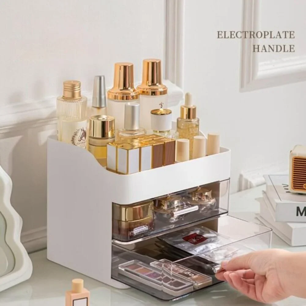 New Pink Makeup & Skincare Organizer, 2-Drawer Vanity Box with Display Case